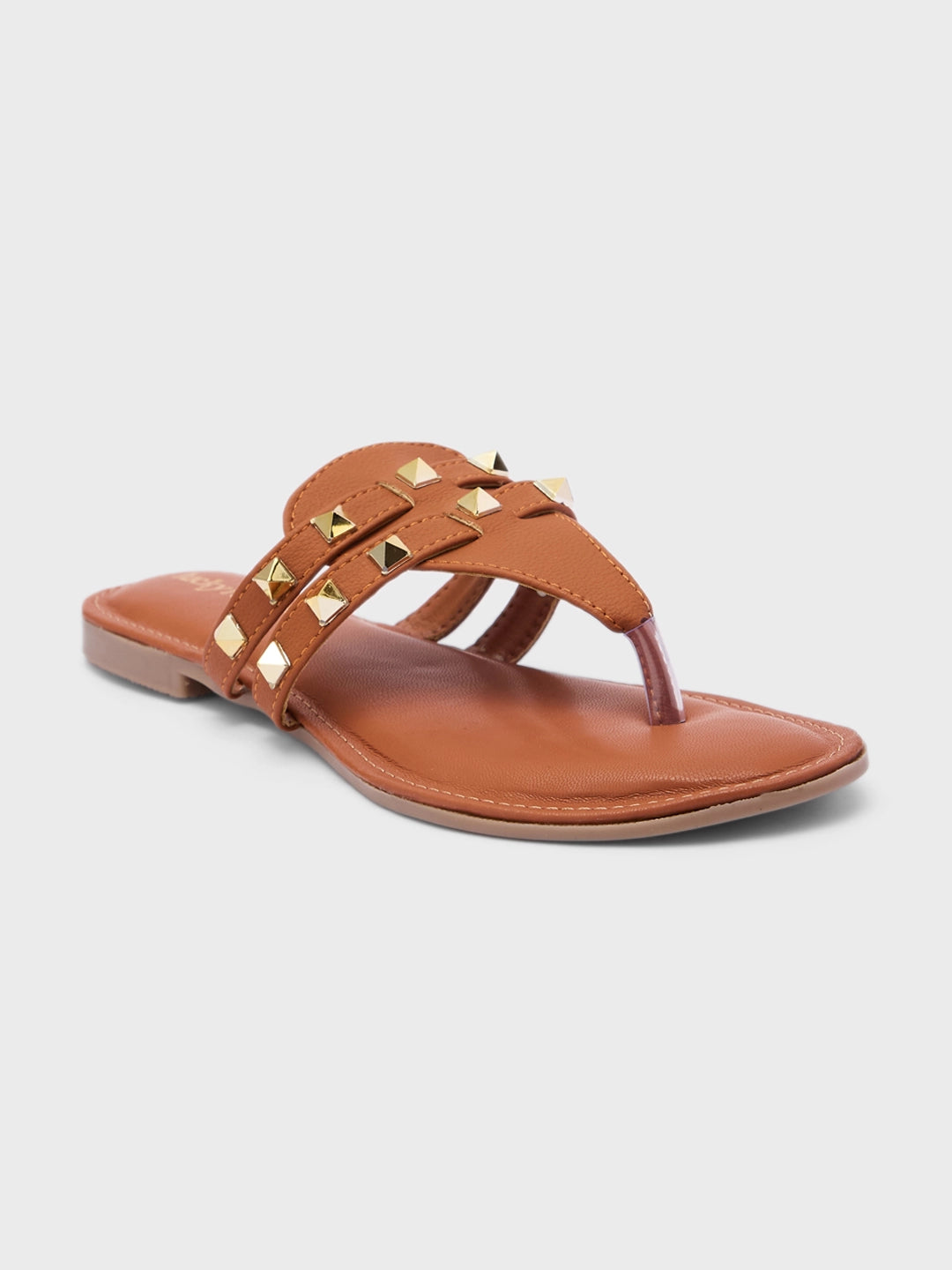 Lucky Feet Studded Toe Ring Slipper, Flat Casual Slipper for Women, Trendy & Lightweight Comfortable Flat Slipper - Tan-Brown