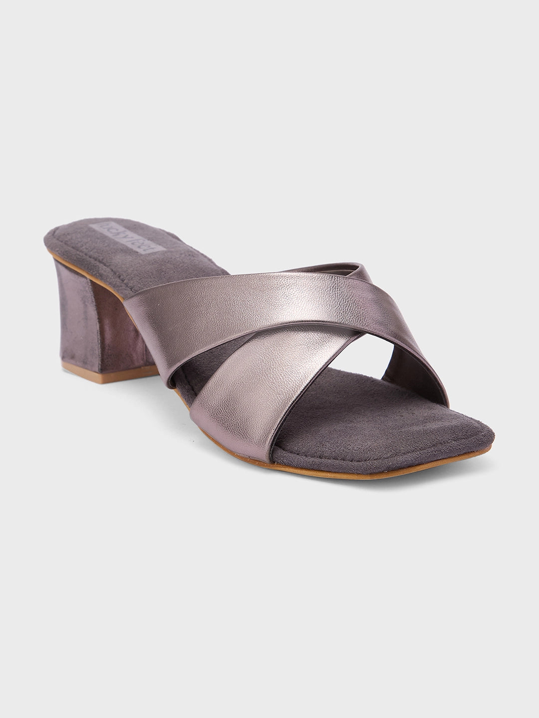 Lucky Feet Women Metallic Open Mule Block Heel Sandals with Cross Straps Gun Metal