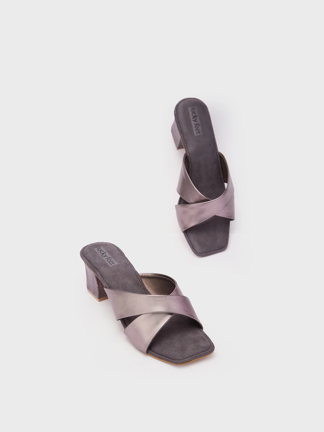 Lucky Feet Women Metallic Open Mule Block Heel Sandals with Cross Straps Gun Metal