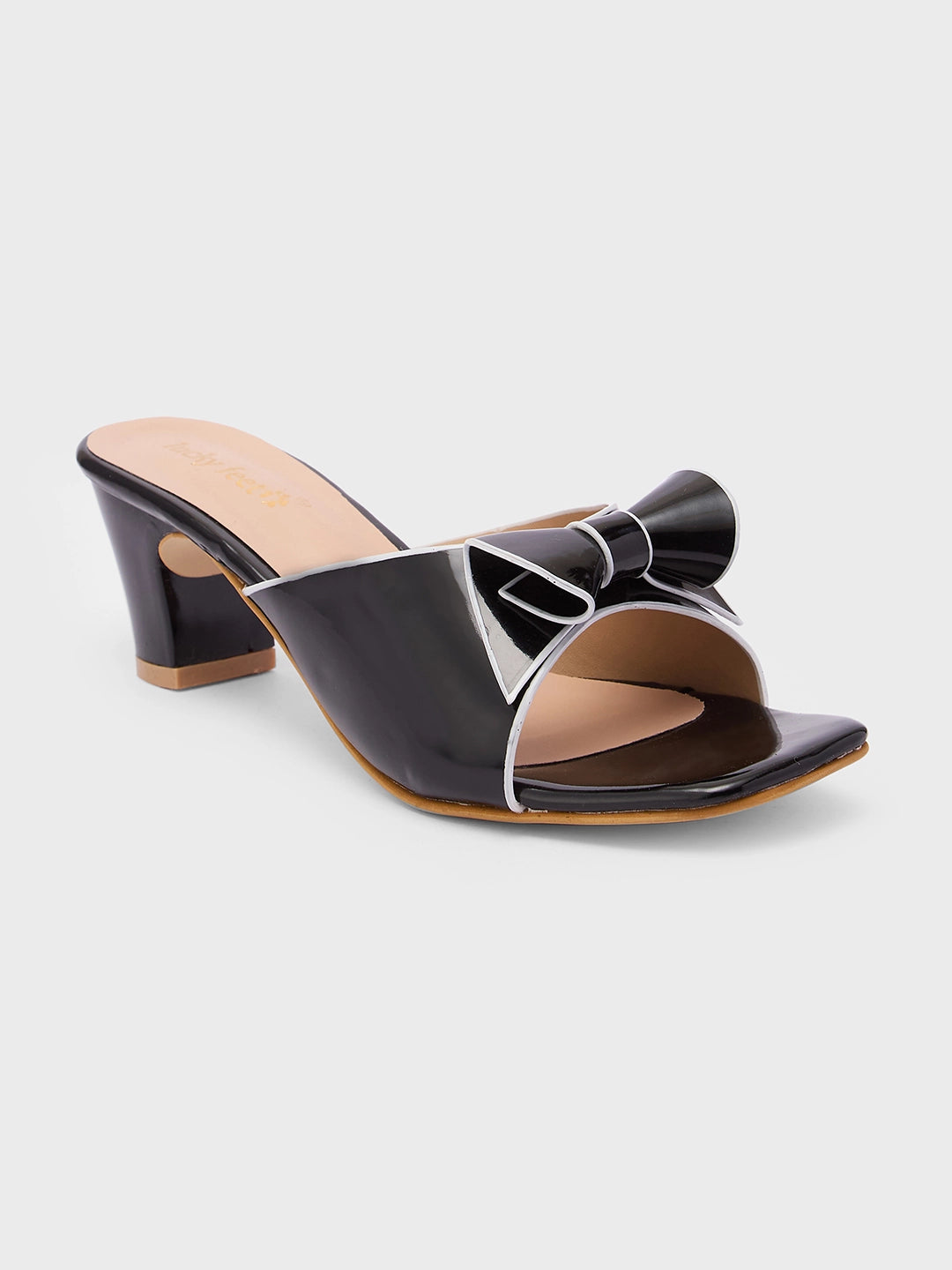 Lucky Feet Black Bow Mule Heels, Square Toe Open Shoes, Elegant Slip-on Mules