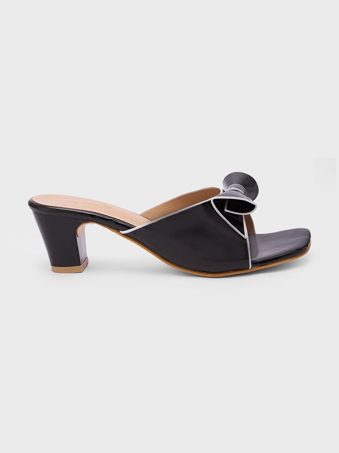 Lucky Feet Black Bow Mule Heels, Square Toe Open Shoes, Elegant Slip-on Mules