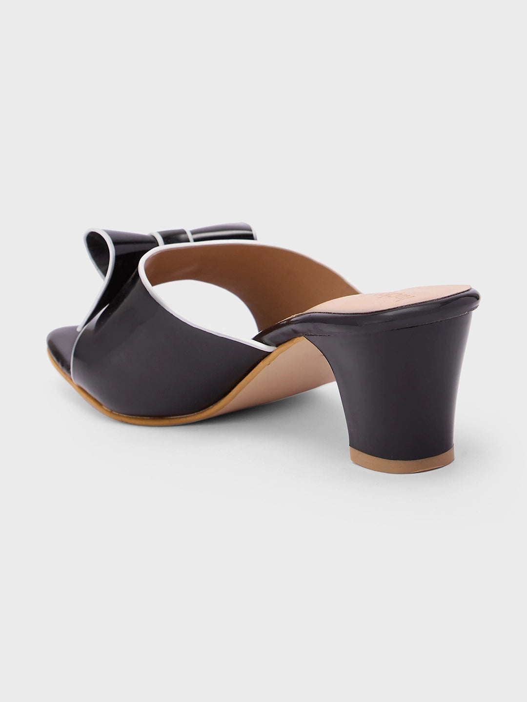 Lucky Feet Black Bow Mule Heels, Square Toe Open Shoes, Elegant Slip-on Mules
