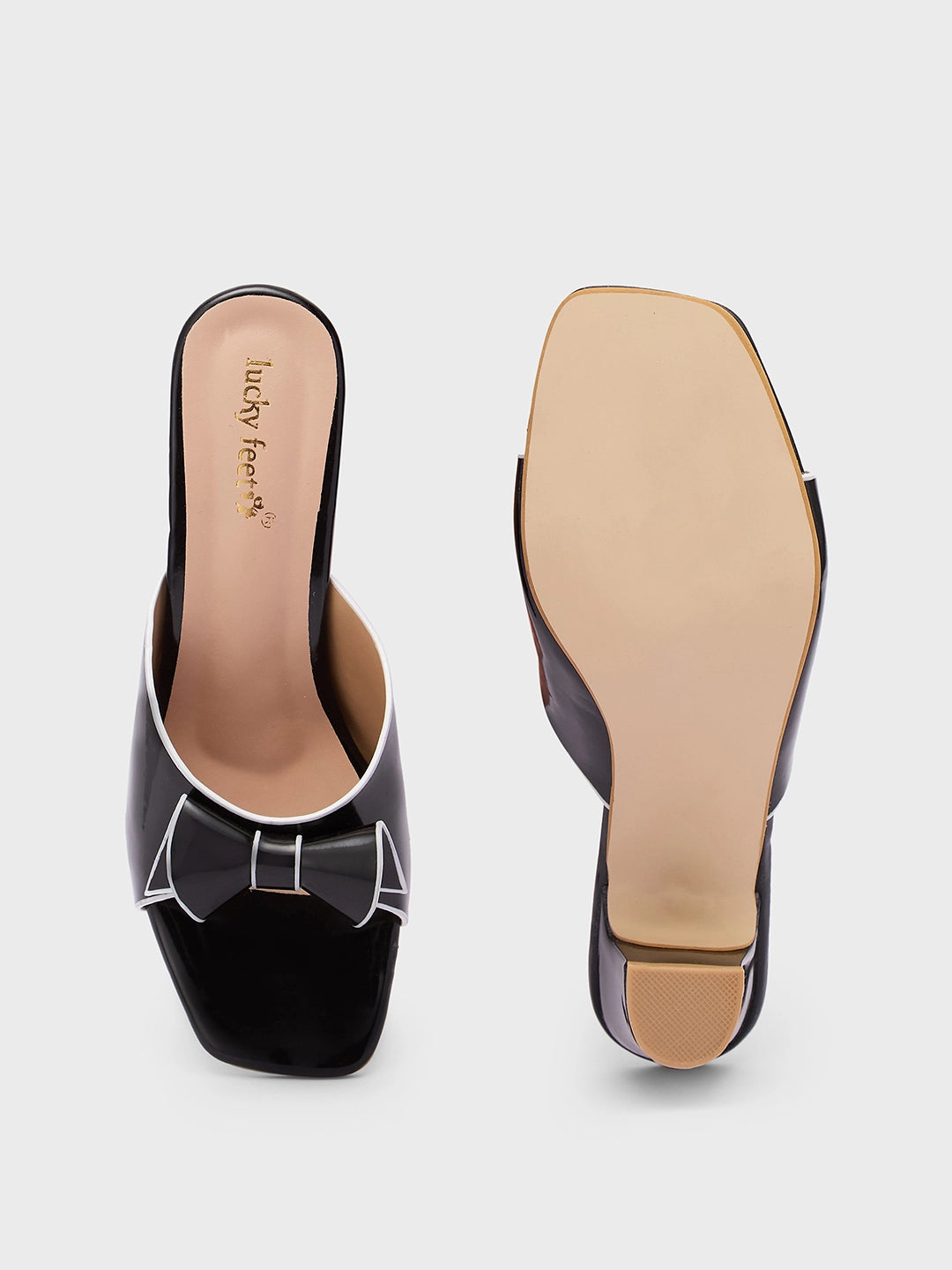 Lucky Feet Black Bow Mule Heels, Square Toe Open Shoes, Elegant Slip-on Mules