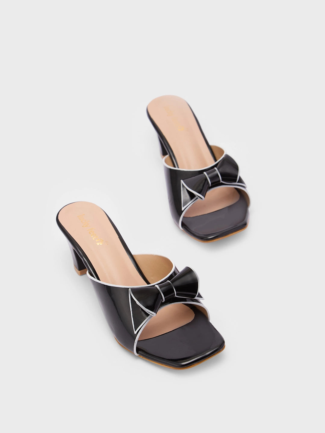 Lucky Feet Black Bow Mule Heels, Square Toe Open Shoes, Elegant Slip-on Mules