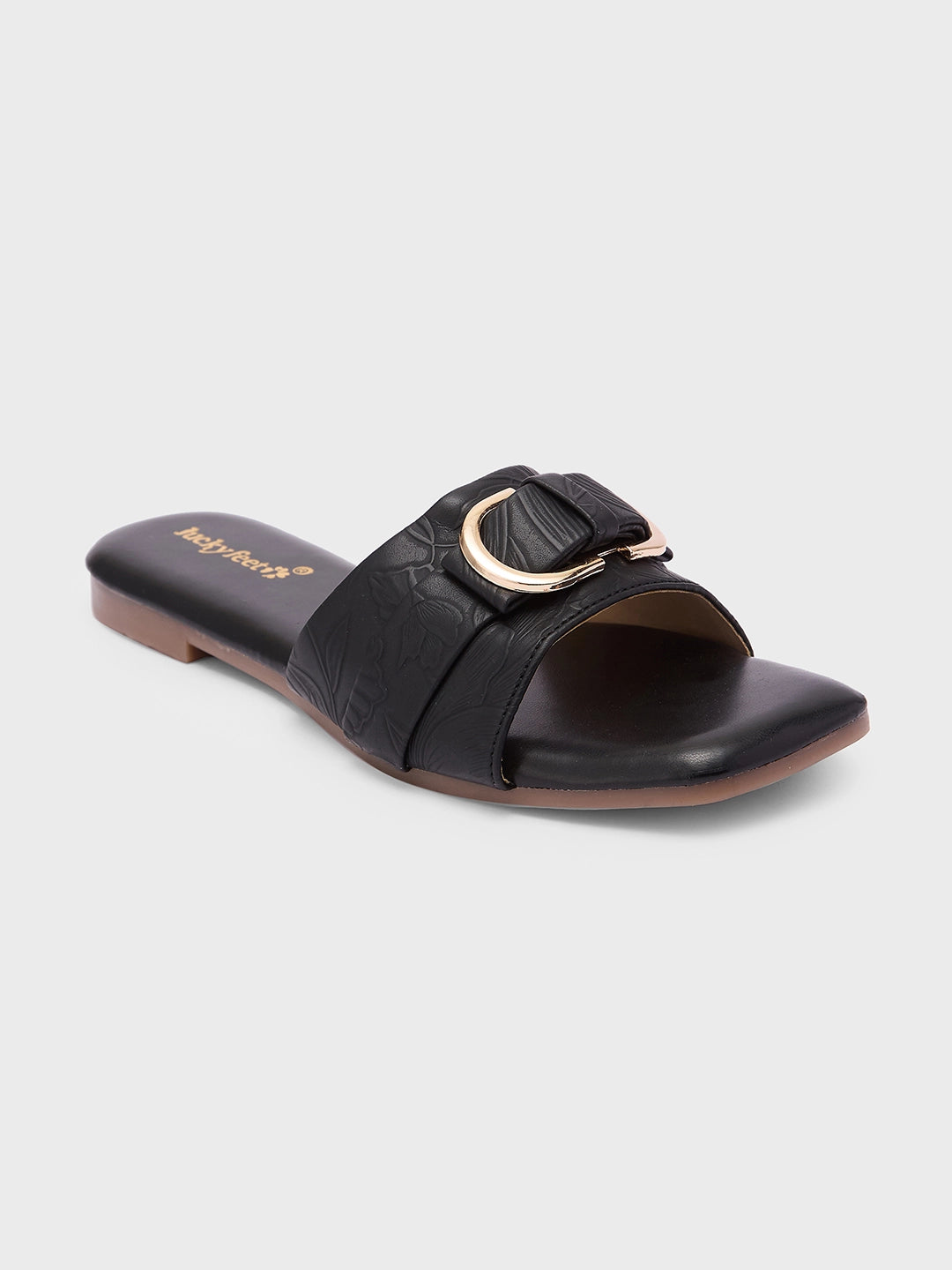Lucky Feet Black Flat Slipper with Metal Ring, Square Toe Slip-ons, Women Casual Flats