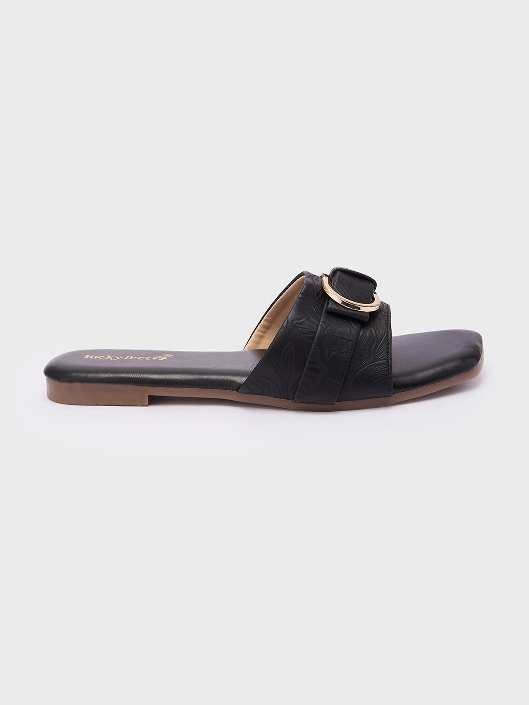 Lucky Feet Black Flat Slipper with Metal Ring, Square Toe Slip-ons, Women Casual Flats