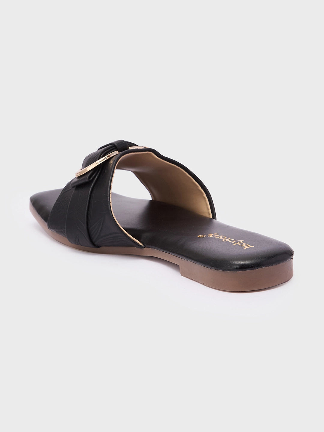 Lucky Feet Black Flat Slipper with Metal Ring, Square Toe Slip-ons, Women Casual Flats