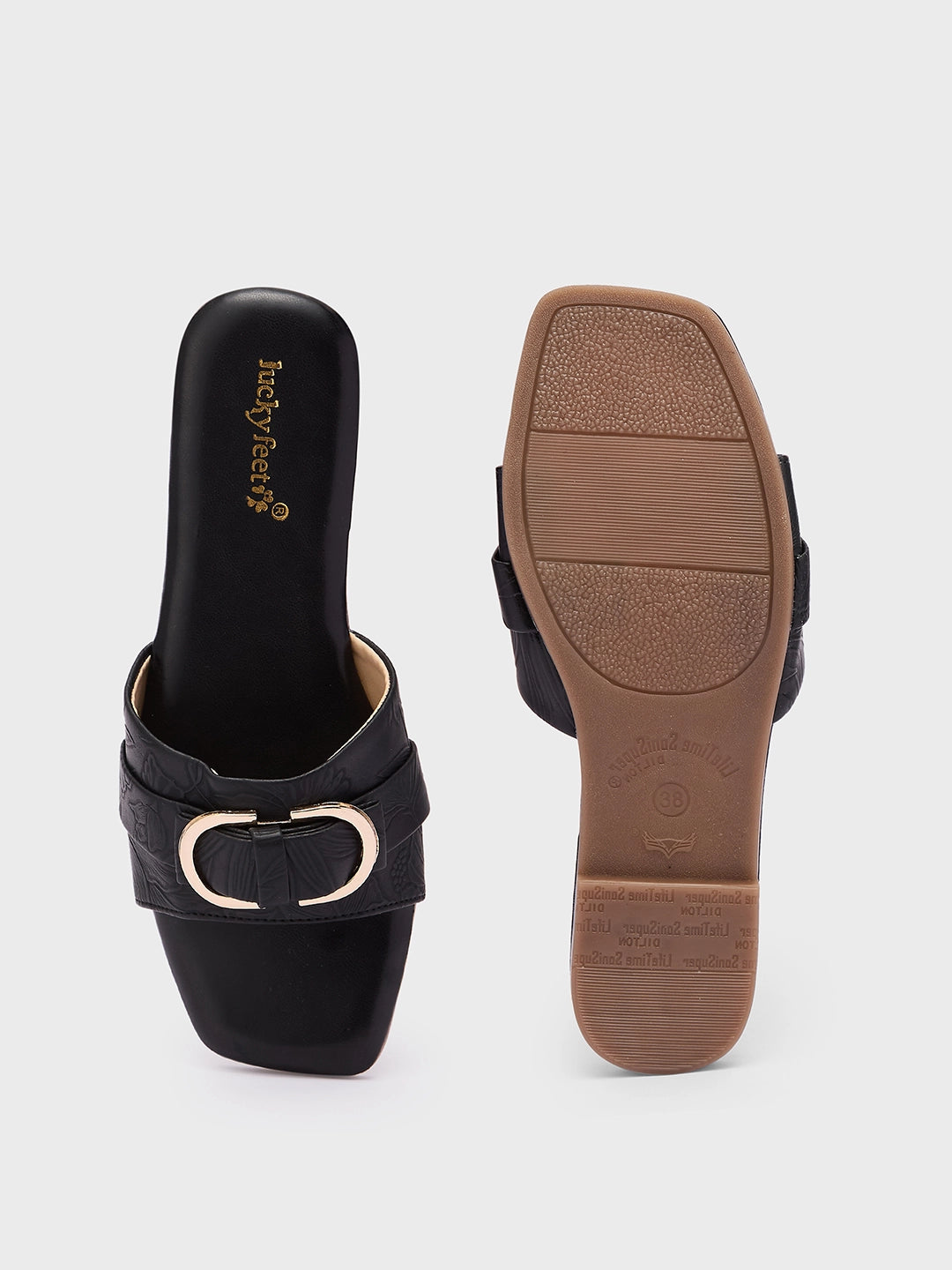 Lucky Feet Black Flat Slipper with Metal Ring, Square Toe Slip-ons, Women Casual Flats