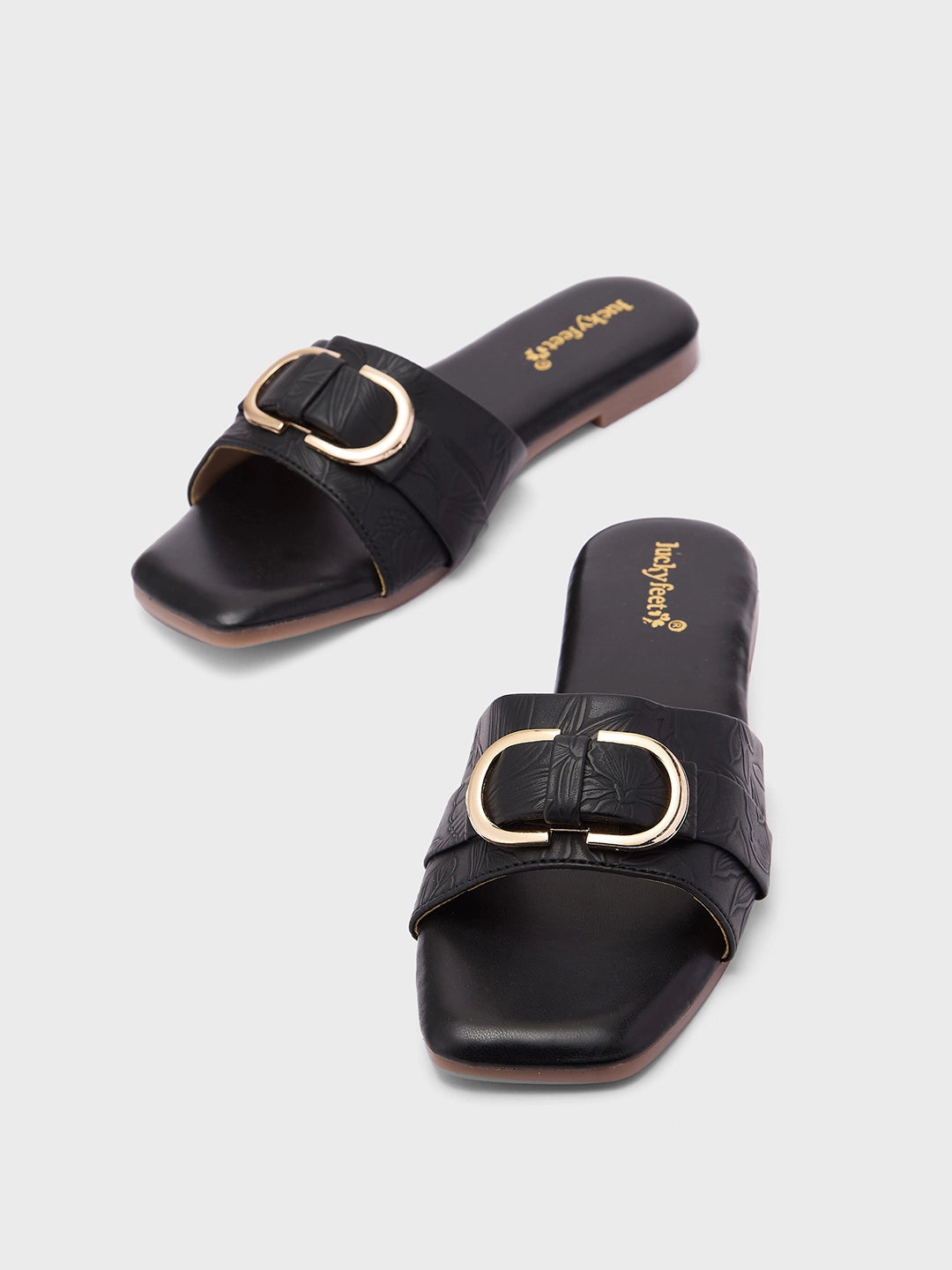 Lucky Feet Black Flat Slipper with Metal Ring, Square Toe Slip-ons, Women Casual Flats