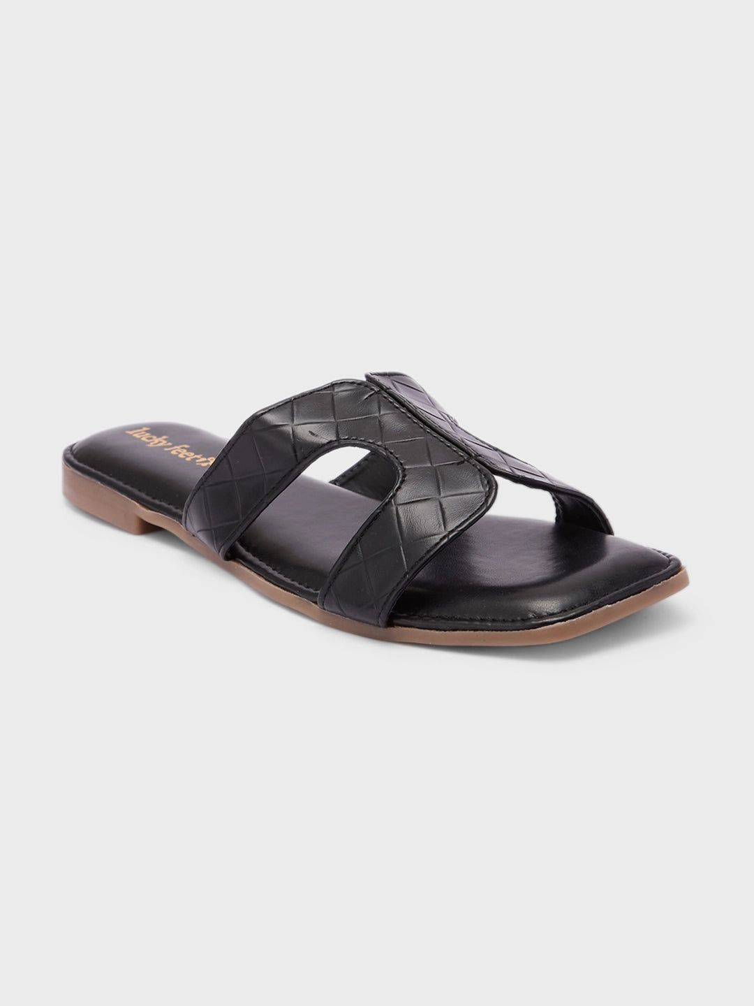 Lucky Feet Black Cut-out Flats Slipper, Square Toe Slip-on Shoes, Women Casual Slipper