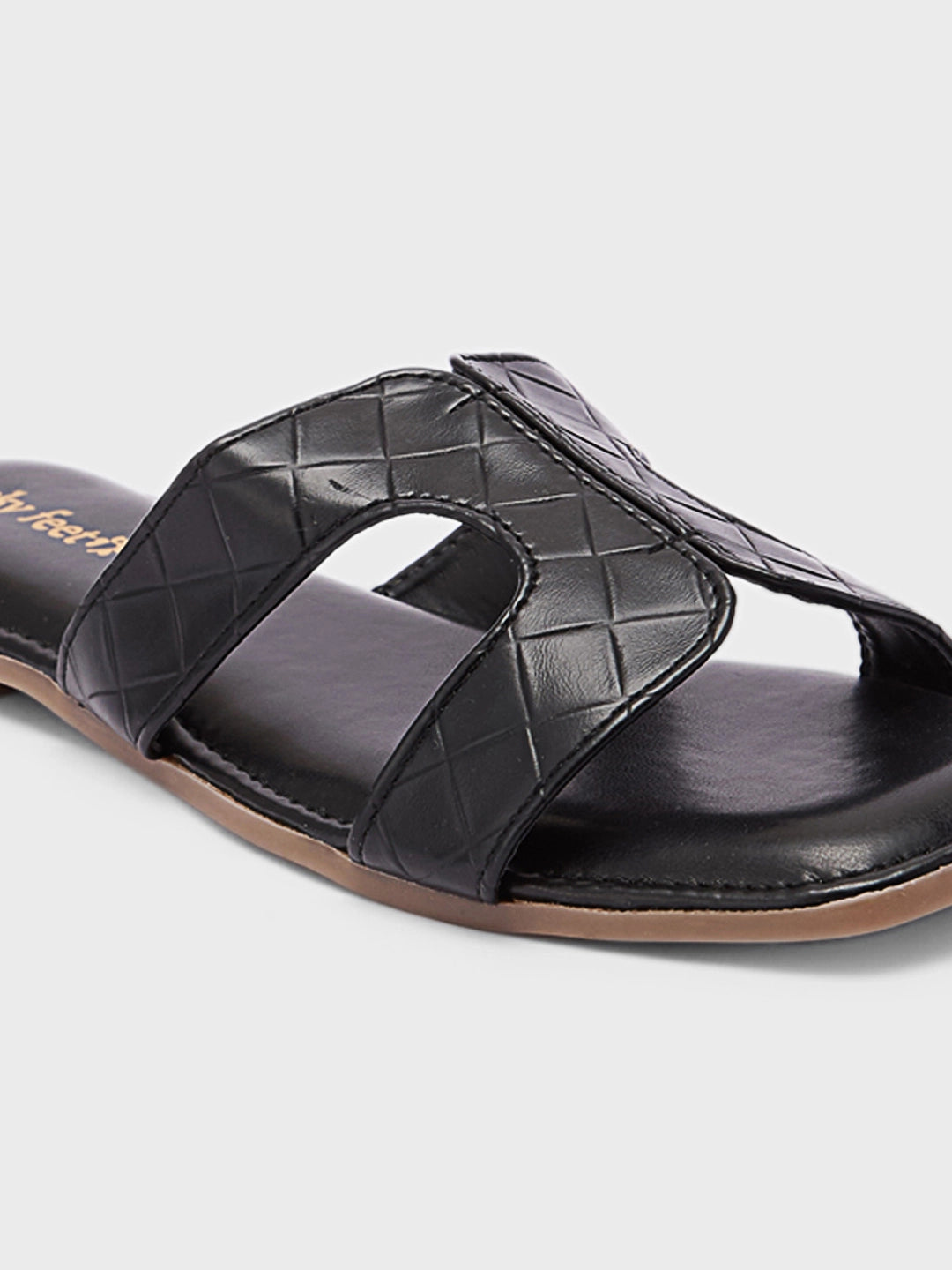Lucky Feet Black Cut-out Flats Slipper, Square Toe Slip-on Shoes, Women Casual Slipper