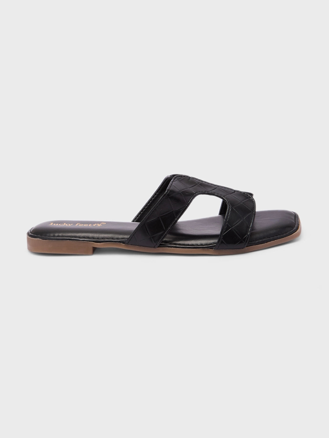 Lucky Feet Black Cut-out Flats Slipper, Square Toe Slip-on Shoes, Women Casual Slipper