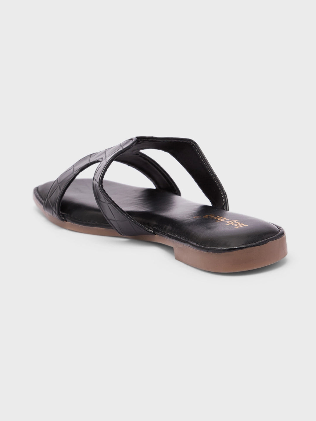 Lucky Feet Black Cut-out Flats Slipper, Square Toe Slip-on Shoes, Women Casual Slipper