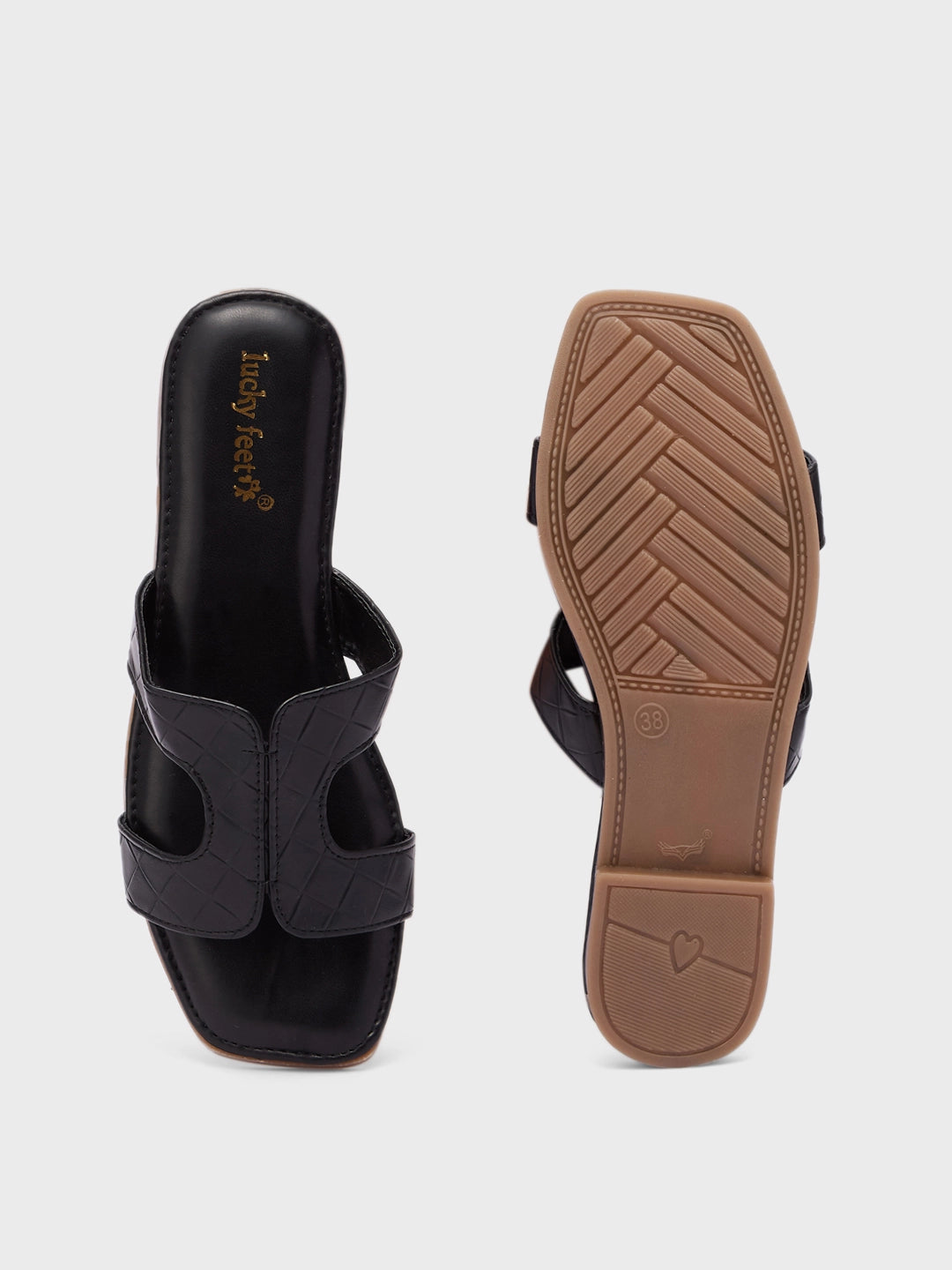 Lucky Feet Black Cut-out Flats Slipper, Square Toe Slip-on Shoes, Women Casual Slipper