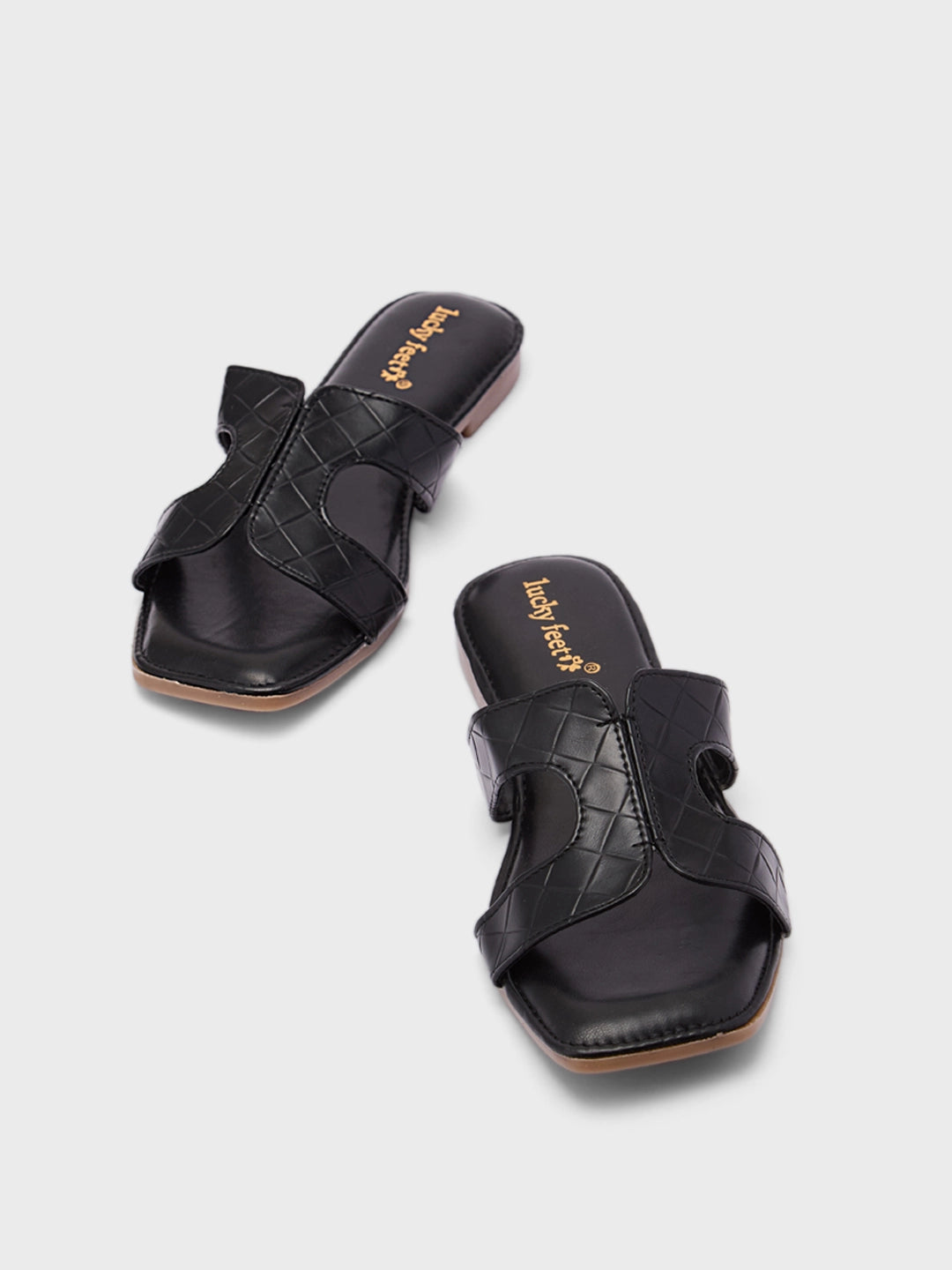 Lucky Feet Black Cut-out Flats Slipper, Square Toe Slip-on Shoes, Women Casual Slipper