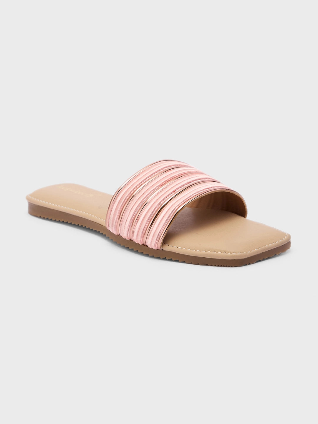 Lucky Feet Metallic Pink Striped Mules, Open Square Toe Flat, Women Casual Mules, Modern Slip-on Shoes, Comfortable Flat Mules