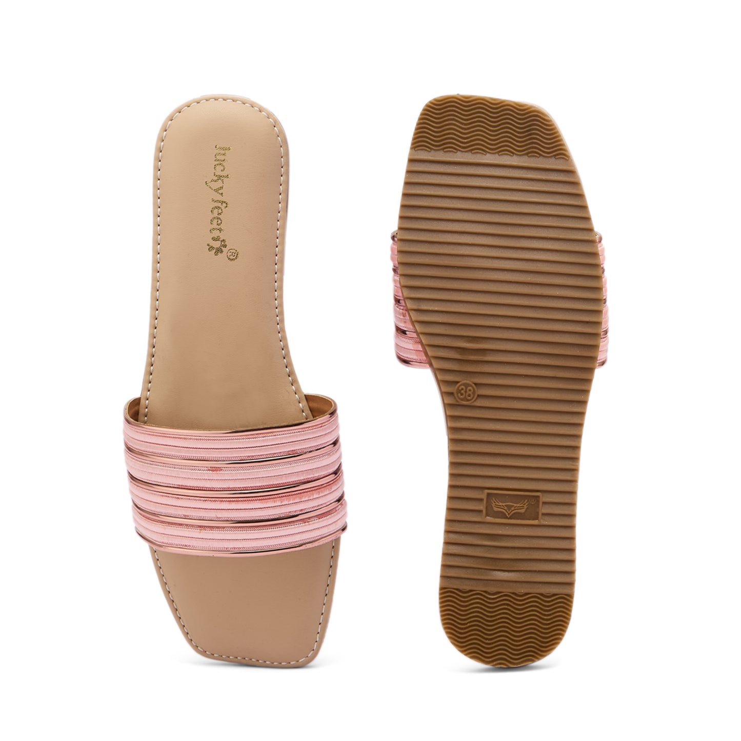 Lucky Feet Metallic Pink Striped Mules, Open Square Toe Flat, Women Casual Mules, Modern Slip-on Shoes, Comfortable Flat Mules