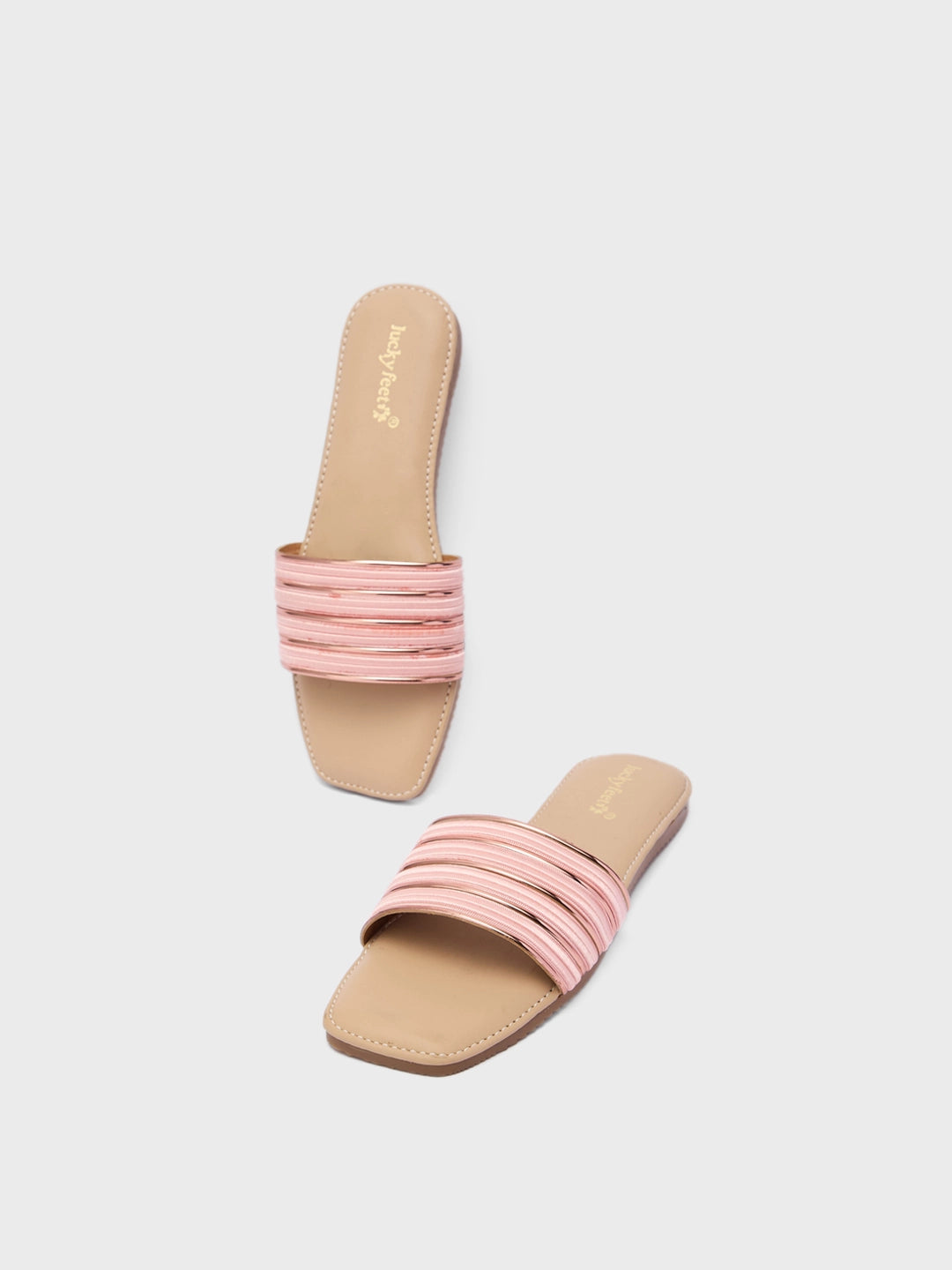 Lucky Feet Metallic Pink Striped Mules, Open Square Toe Flat, Women Casual Mules, Modern Slip-on Shoes, Comfortable Flat Mules