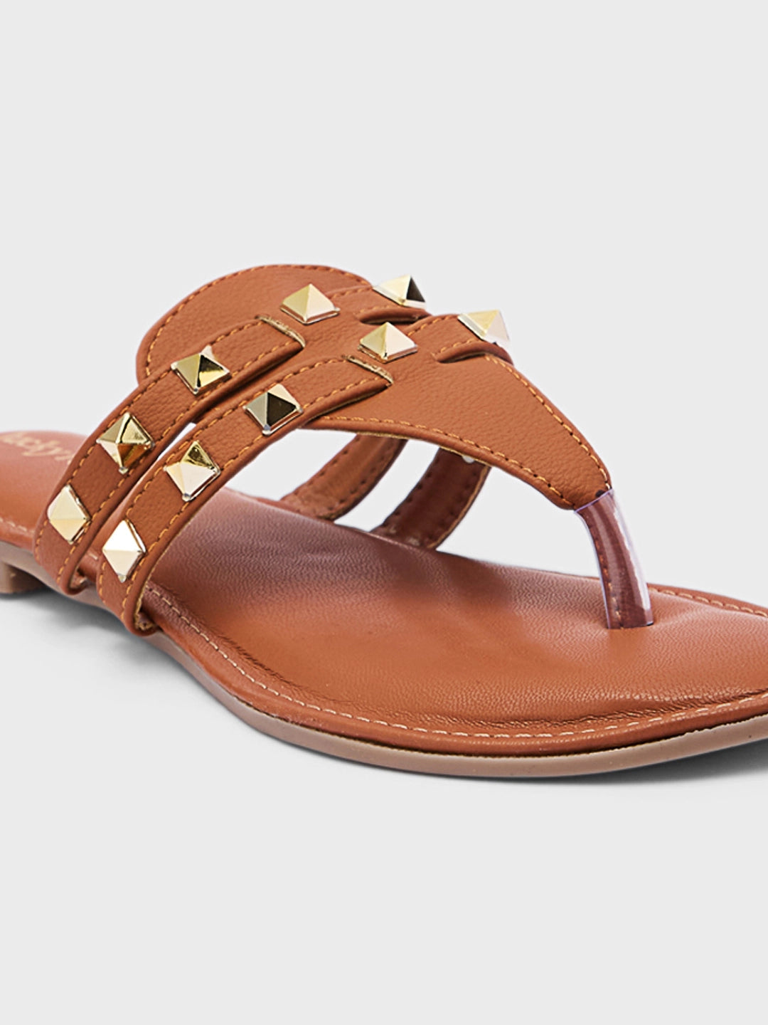 Lucky Feet Studded Toe Ring Slipper, Flat Casual Slipper for Women, Trendy & Lightweight Comfortable Flat Slipper - Tan-Brown