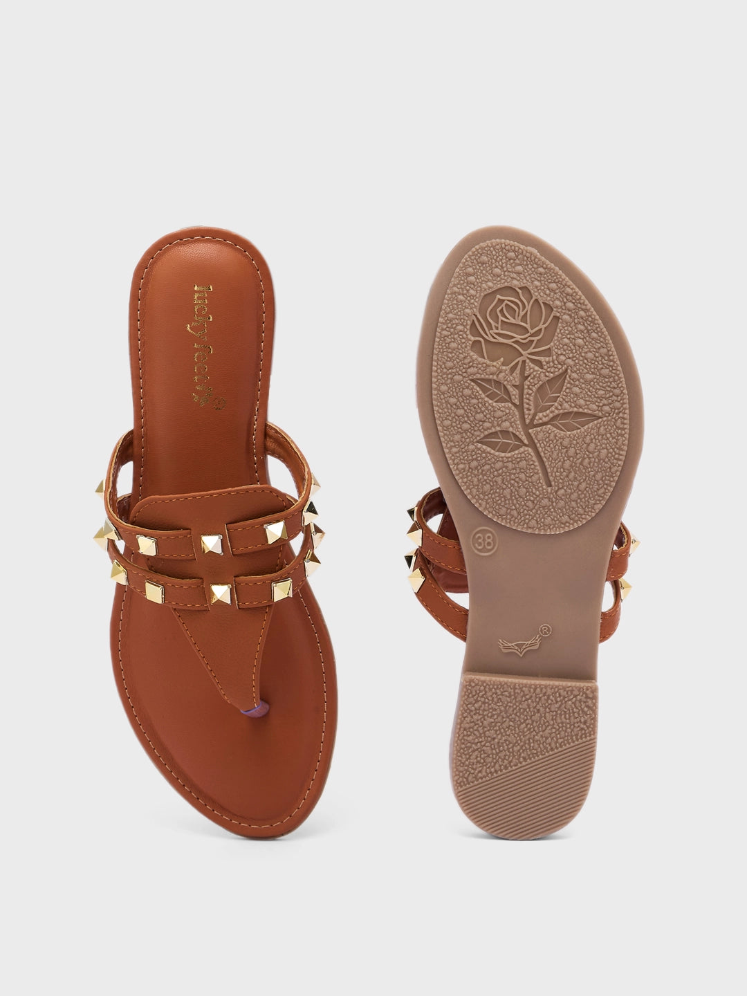 Lucky Feet Studded Toe Ring Slipper, Flat Casual Slipper for Women, Trendy & Lightweight Comfortable Flat Slipper - Tan-Brown