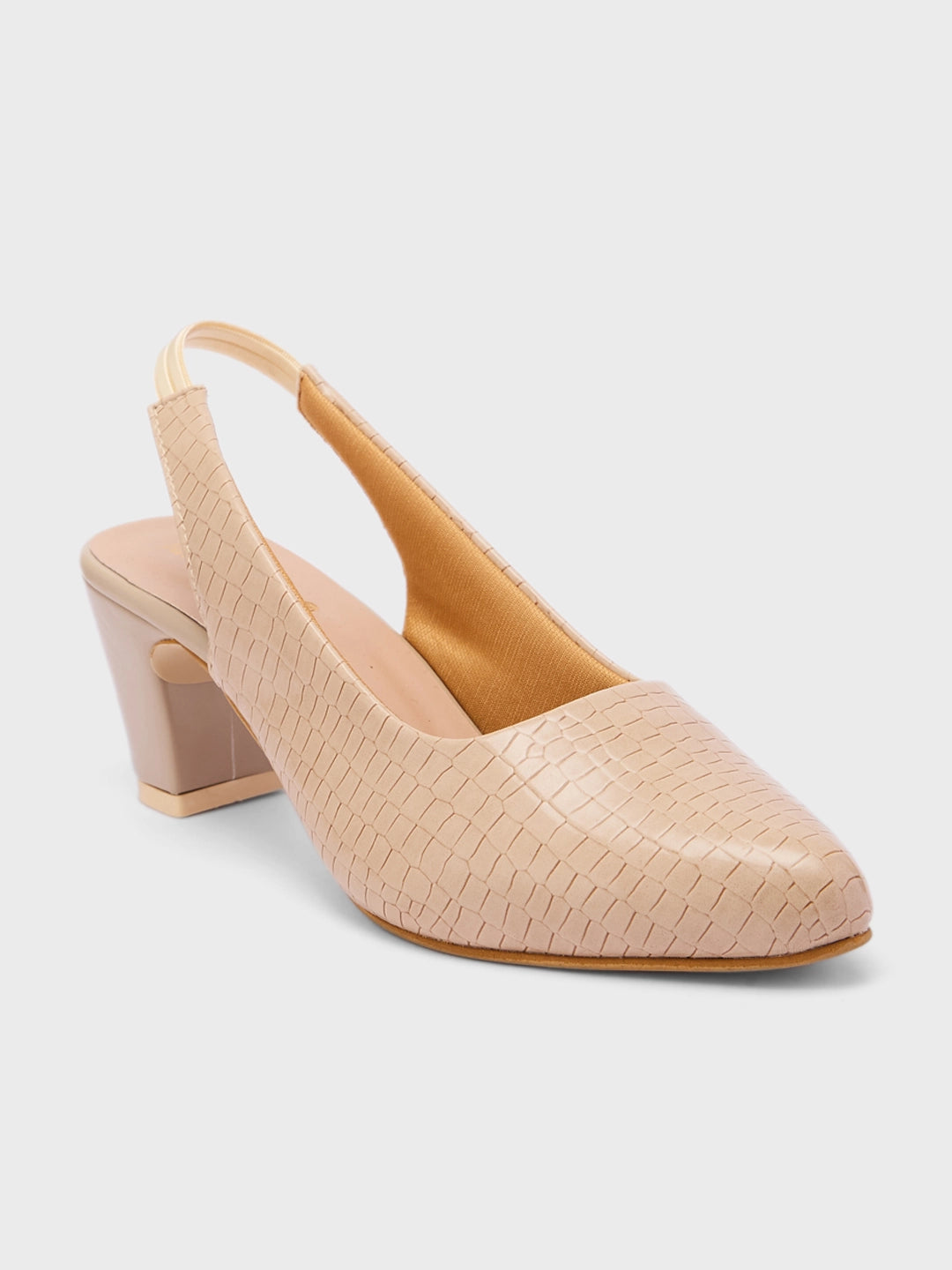 Lucky Feet Croco Slingback Block Heels for Women, Pointed Toe Textured Pumps, Women Dress Shoes, Comfortable Block Heels, Beige Croco Heels