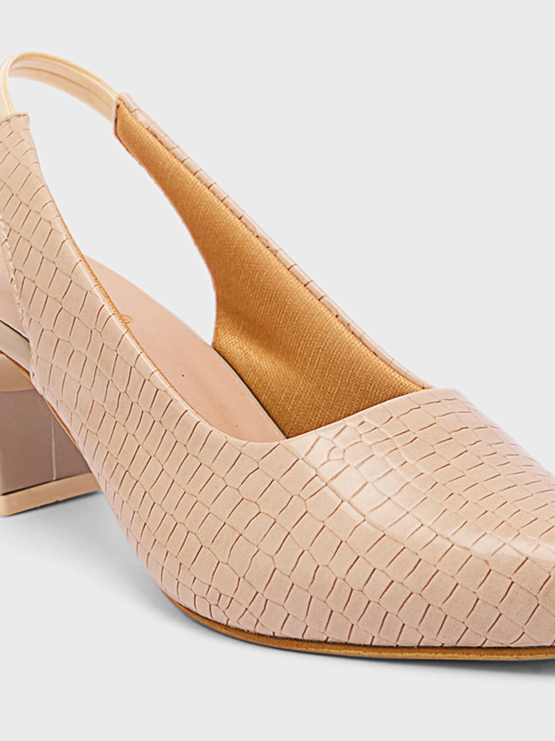 Lucky Feet Croco Slingback Block Heels for Women, Pointed Toe Textured Pumps, Women Dress Shoes, Comfortable Block Heels, Beige Croco Heels