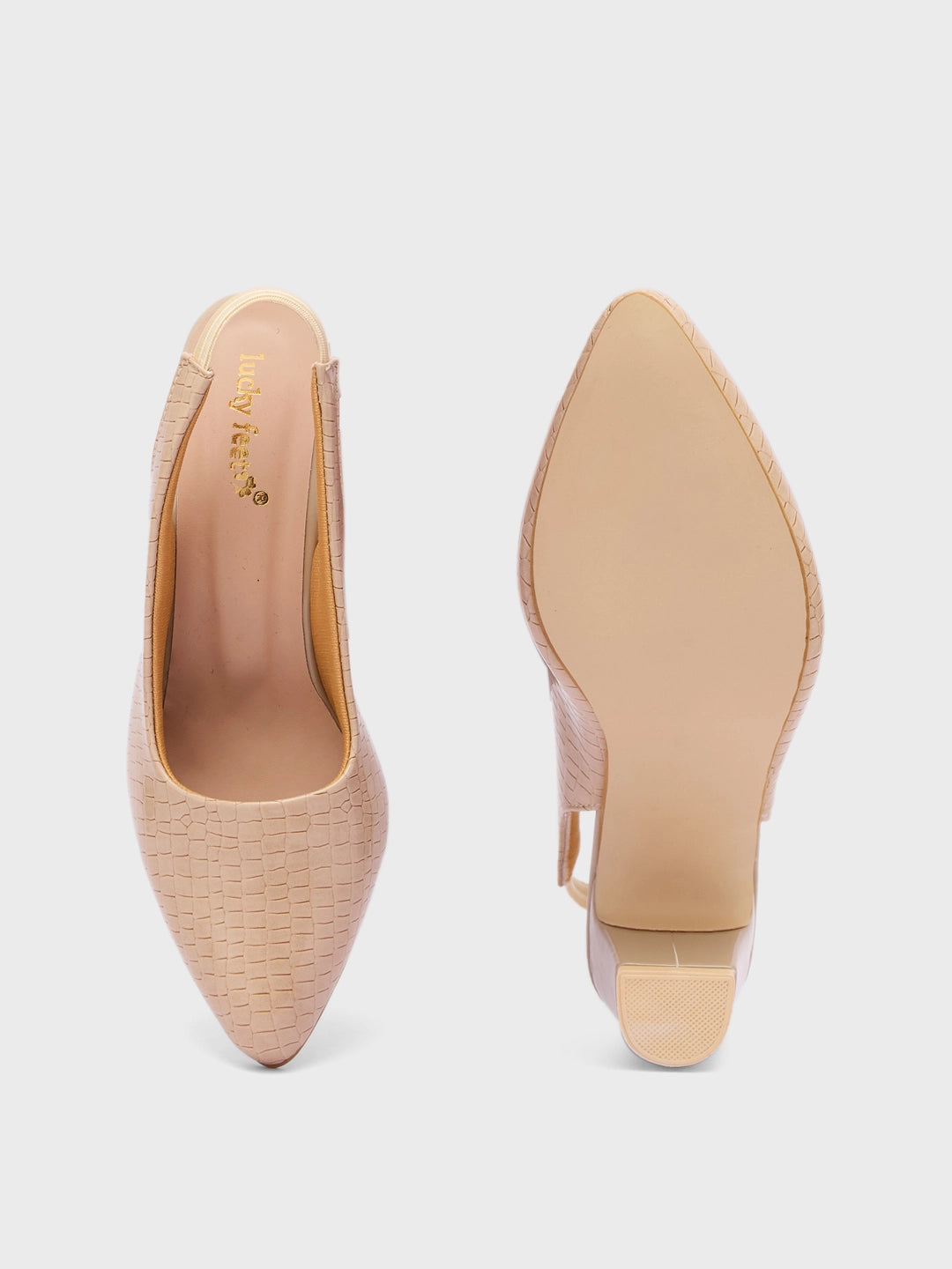 Lucky Feet Croco Slingback Block Heels for Women, Pointed Toe Textured Pumps, Women Dress Shoes, Comfortable Block Heels, Beige Croco Heels