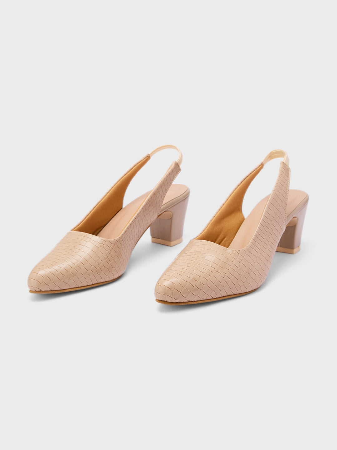 Lucky Feet Croco Slingback Block Heels for Women, Pointed Toe Textured Pumps, Women Dress Shoes, Comfortable Block Heels, Beige Croco Heels