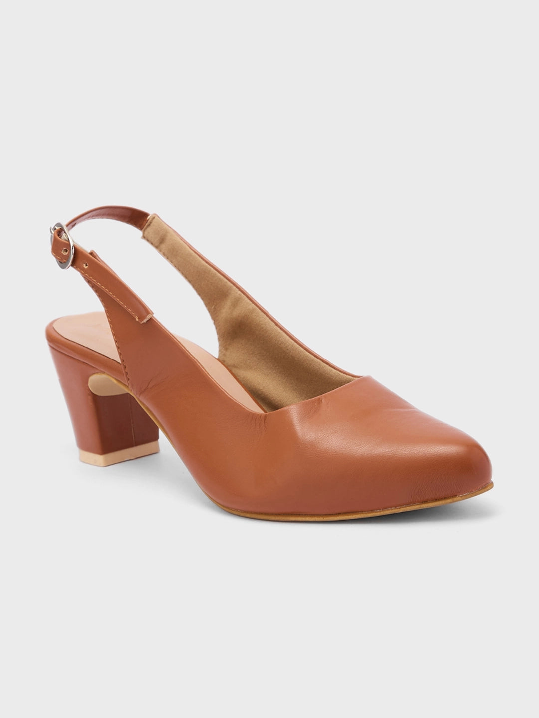 Lucky Feet Cognac Slingback Block Heels For Women, Pointed Toe Pumps, Comfortable Office Heels, Classic Block Heels