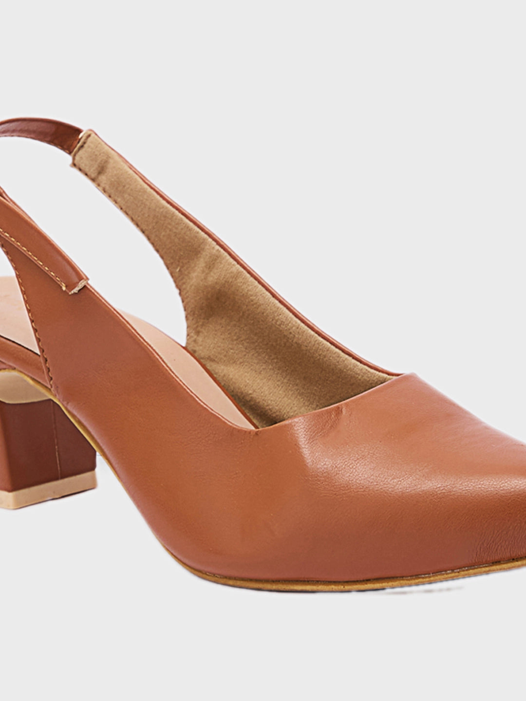 Lucky Feet Cognac Slingback Block Heels For Women, Pointed Toe Pumps, Comfortable Office Heels, Classic Block Heels