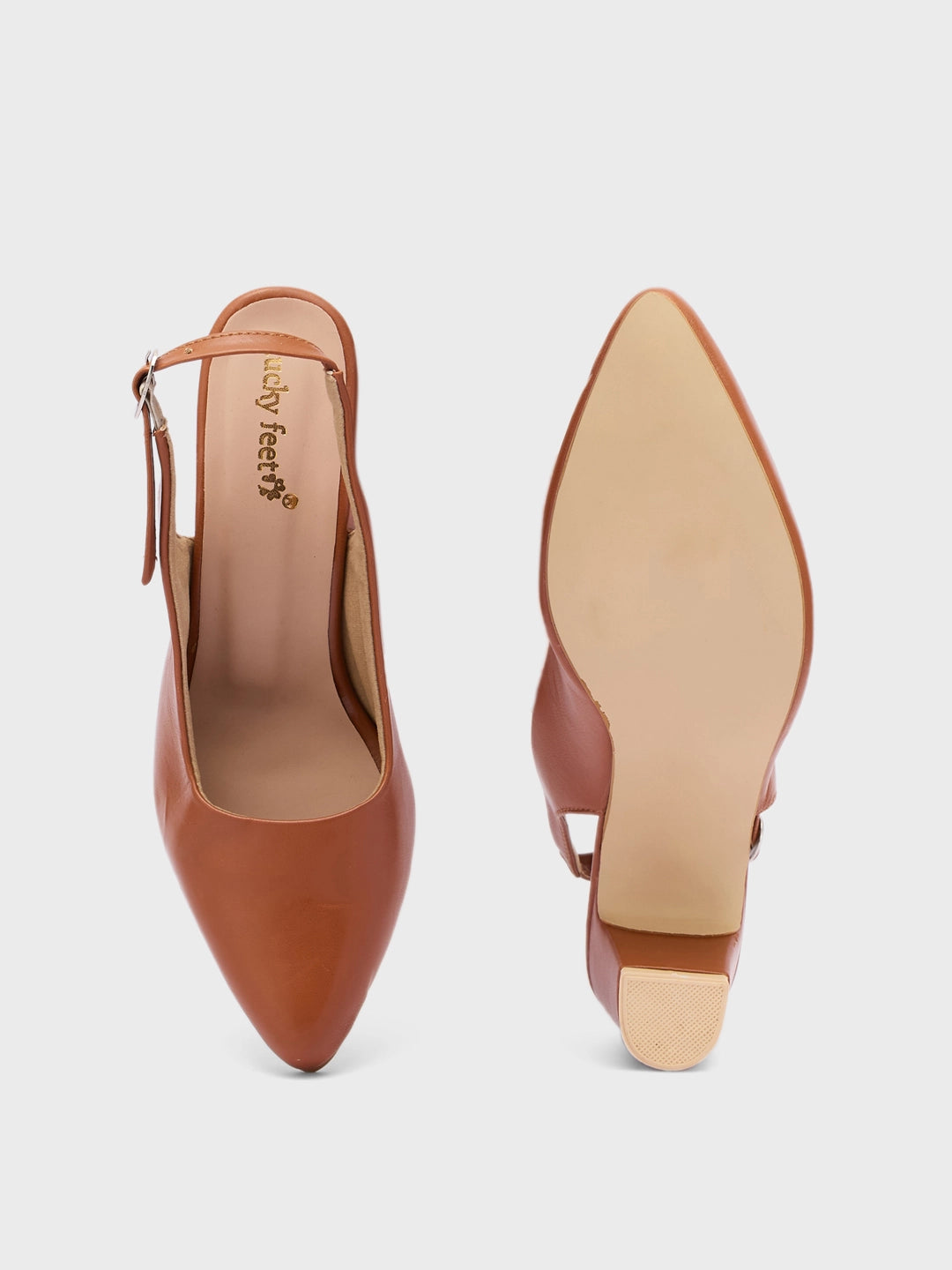 Lucky Feet Cognac Slingback Block Heels For Women, Pointed Toe Pumps, Comfortable Office Heels, Classic Block Heels