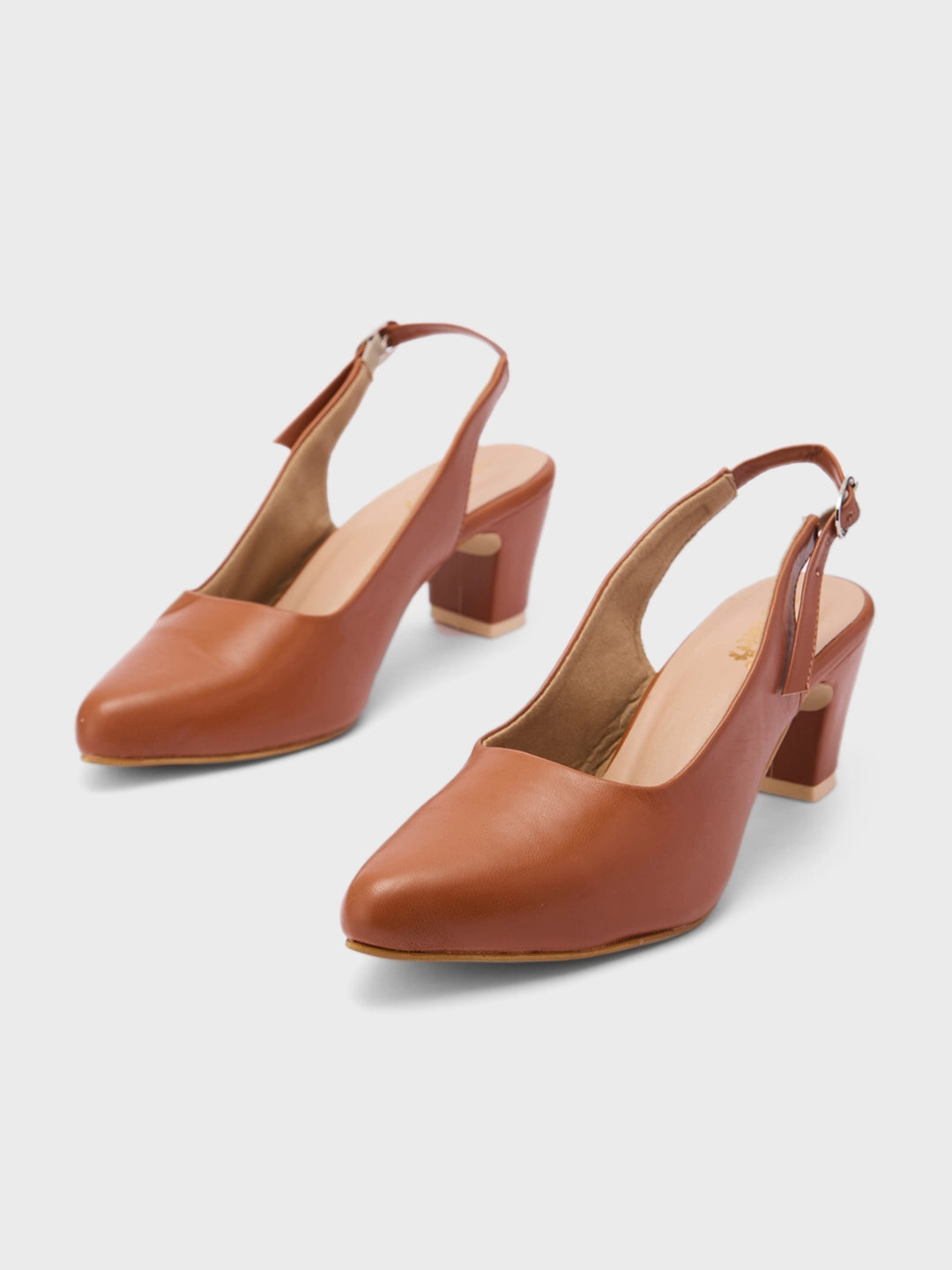 Lucky Feet Cognac Slingback Block Heels For Women, Pointed Toe Pumps, Comfortable Office Heels, Classic Block Heels