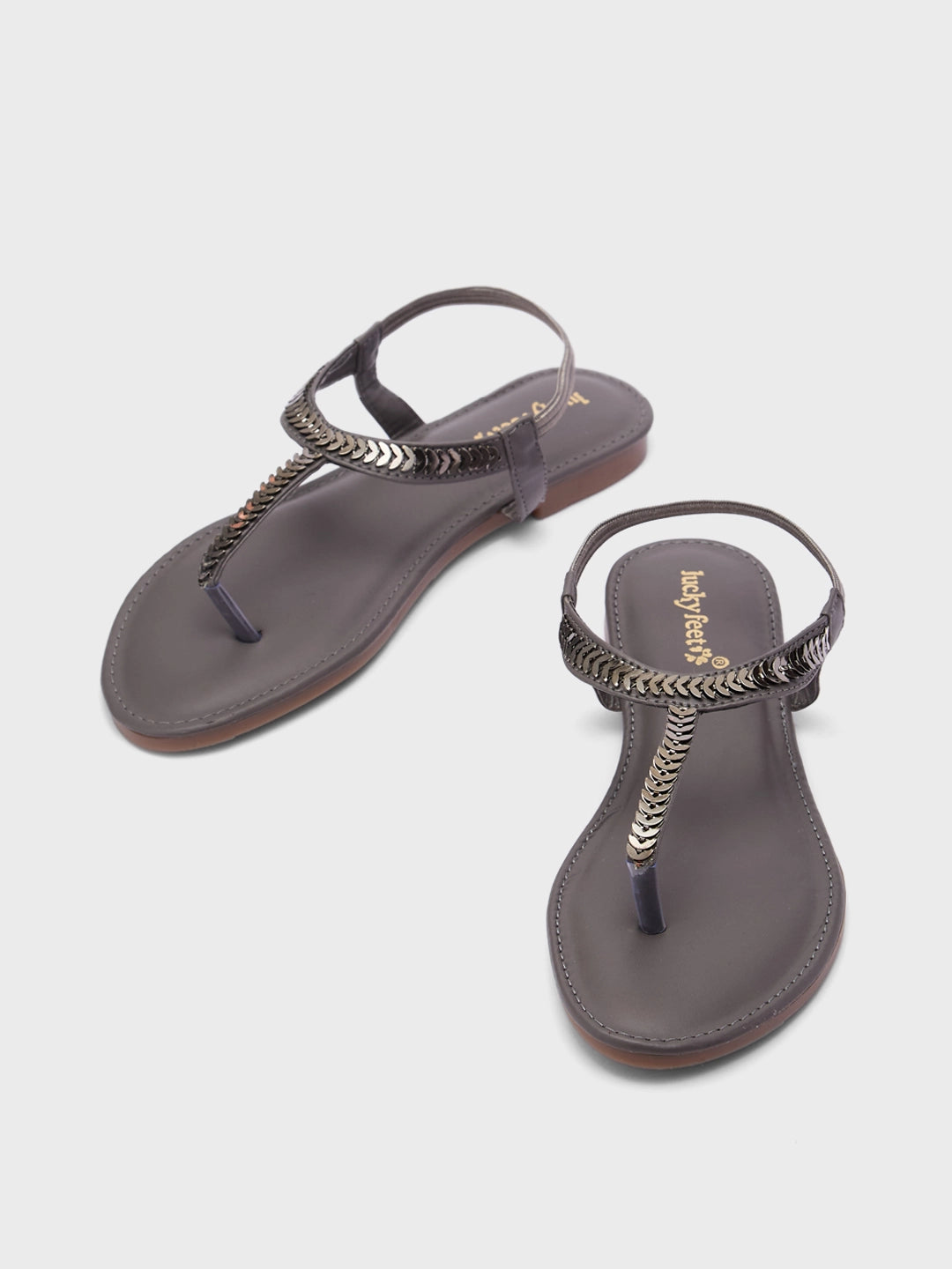 Lucky Feet Metal Trim Flat Sandal For Women, Toe-Ring Sandals, Comfortable and Modern Flat Sandals