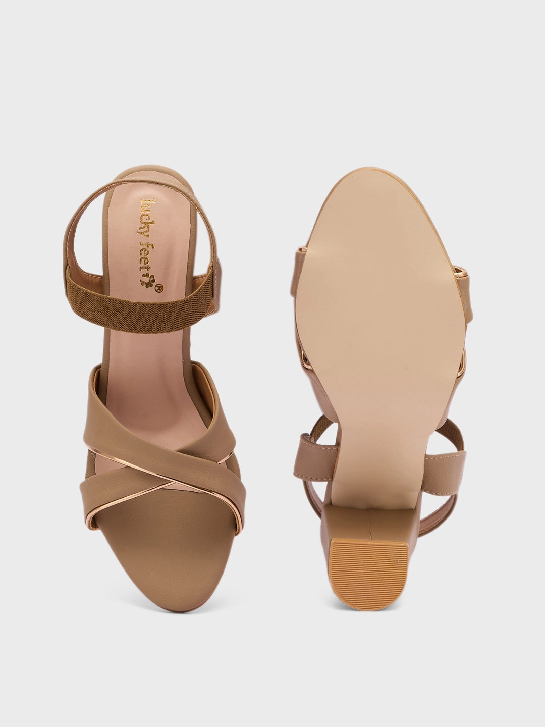Lucky Feet Taupe Strappy Block Heels Sandal For Women, Pumps for Office, Party and Formal Occasions