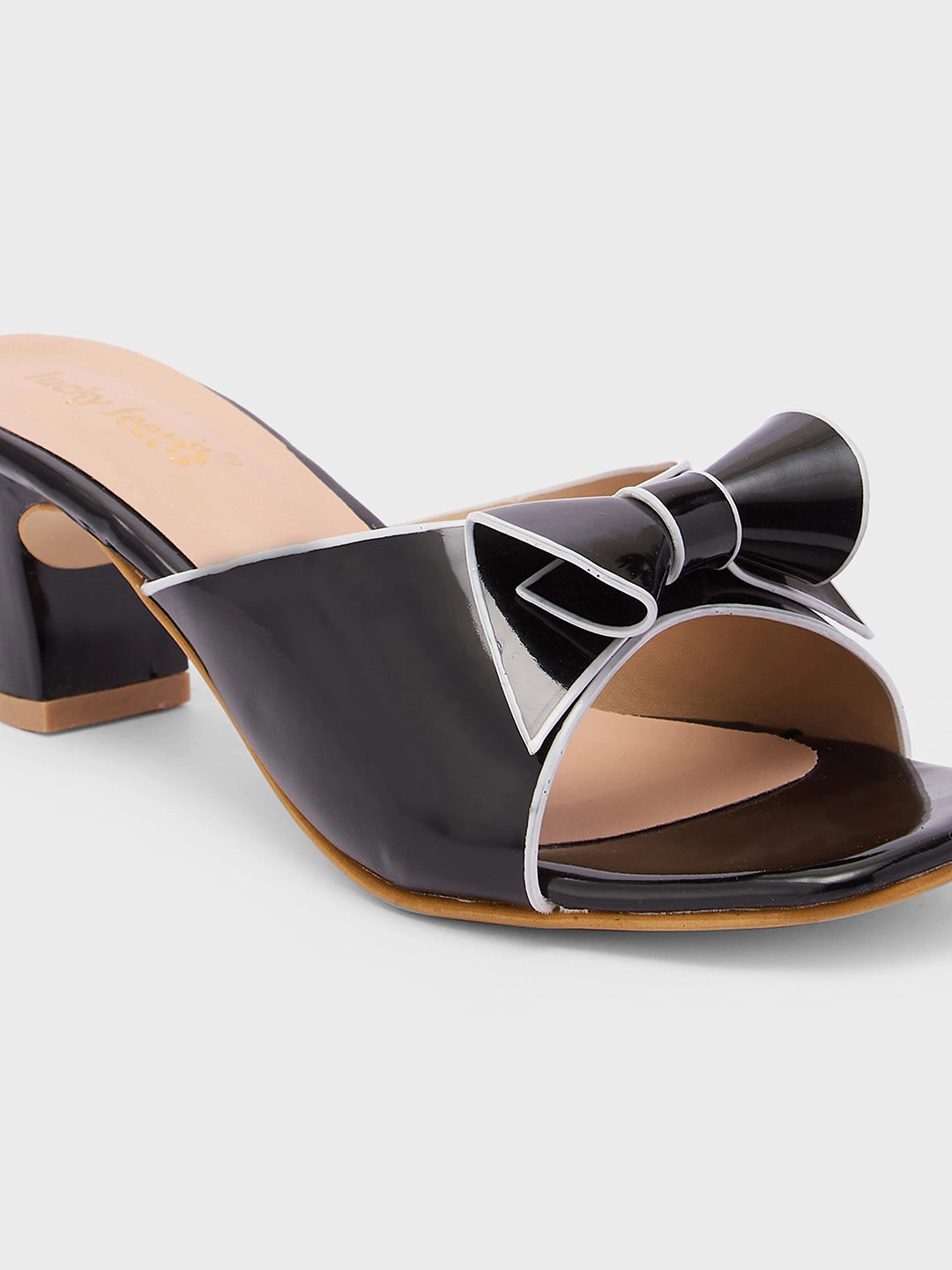 Lucky Feet Black Bow Mule Heels, Square Toe Open Shoes, Elegant Slip-on Mules