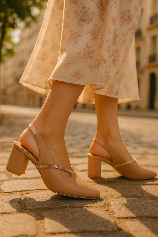 Lucky Feet Glitter Slingback Block Heels, Pointed Toe Party Shoes, Women Elegant Heels, Comfortable Block Heel Pumps, Beige Glitter Heels