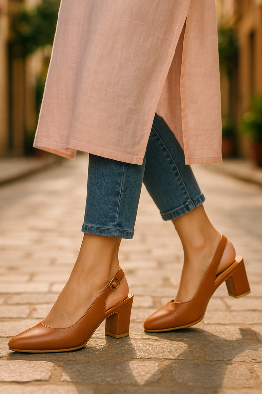 Lucky Feet Cognac Slingback Block Heels For Women, Pointed Toe Pumps, Comfortable Office Heels, Classic Block Heels