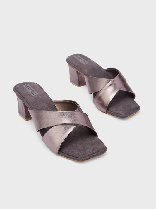 Lucky Feet Women Metallic Open Mule Block Heel Sandals with Cross Straps Gun Metal