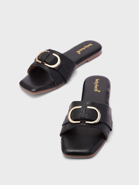 Lucky Feet Black Flat Slipper with Metal Ring, Square Toe Slip-ons, Women Casual Flats
