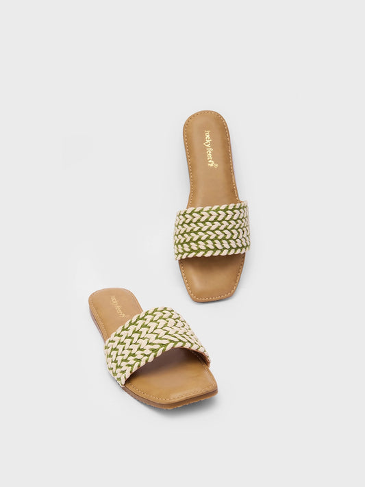 Lucky Feet Braided Flat Mules, Woven Slip-on Slipper, Women Casual Flats, Comfortable Square Toe Slipper