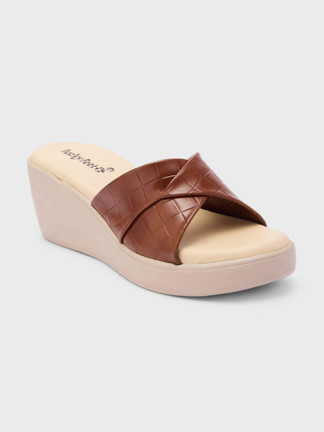 Lucky Feet Brown Crisscross Wedge Mules, Open Toe Slip-on Wedges, Women Casual Wedges, Textured Brown Mules