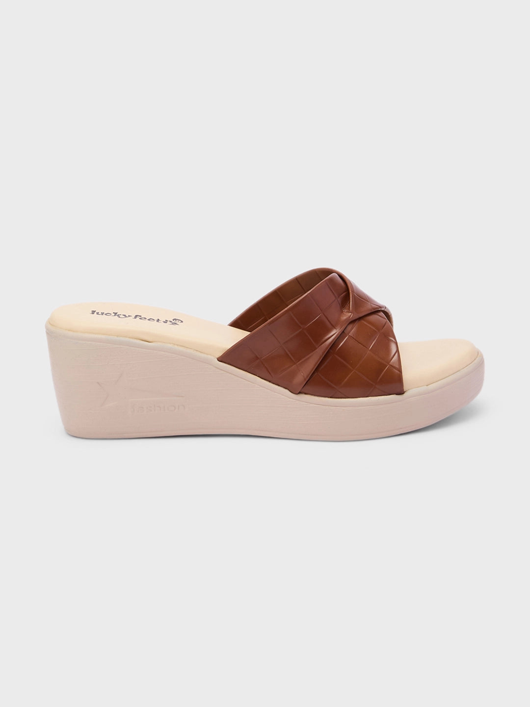 Lucky Feet Brown Crisscross Wedge Mules, Open Toe Slip-on Wedges, Women Casual Wedges, Textured Brown Mules