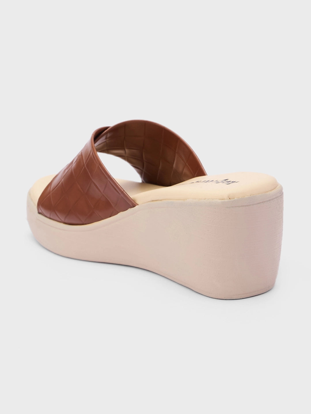 Lucky Feet Brown Crisscross Wedge Mules, Open Toe Slip-on Wedges, Women Casual Wedges, Textured Brown Mules