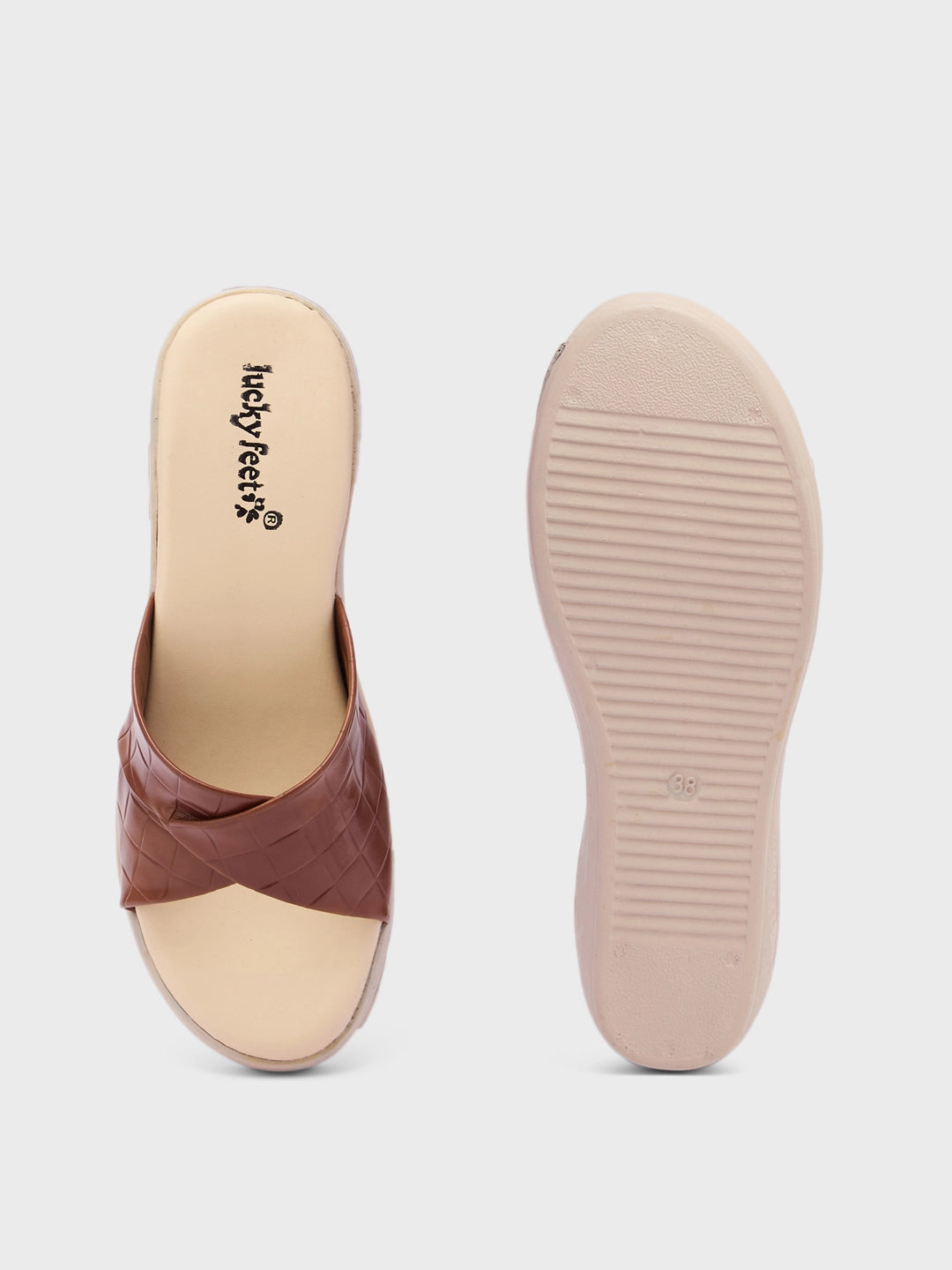 Lucky Feet Brown Crisscross Wedge Mules, Open Toe Slip-on Wedges, Women Casual Wedges, Textured Brown Mules