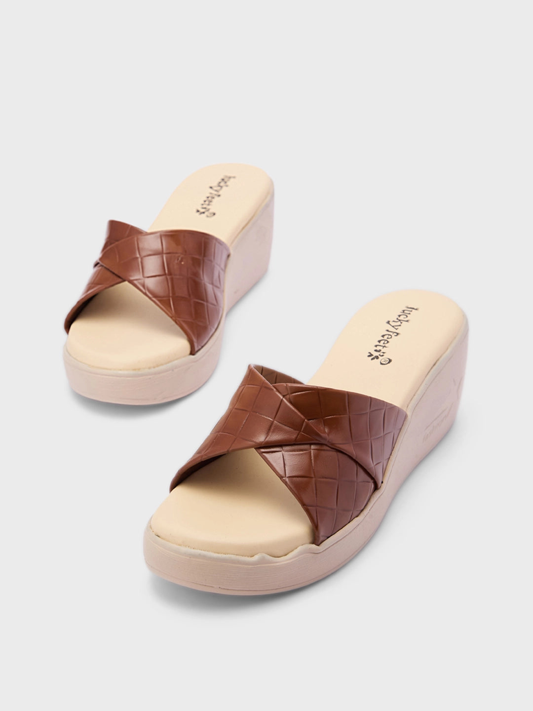 Lucky Feet Brown Crisscross Wedge Mules, Open Toe Slip-on Wedges, Women Casual Wedges, Textured Brown Mules