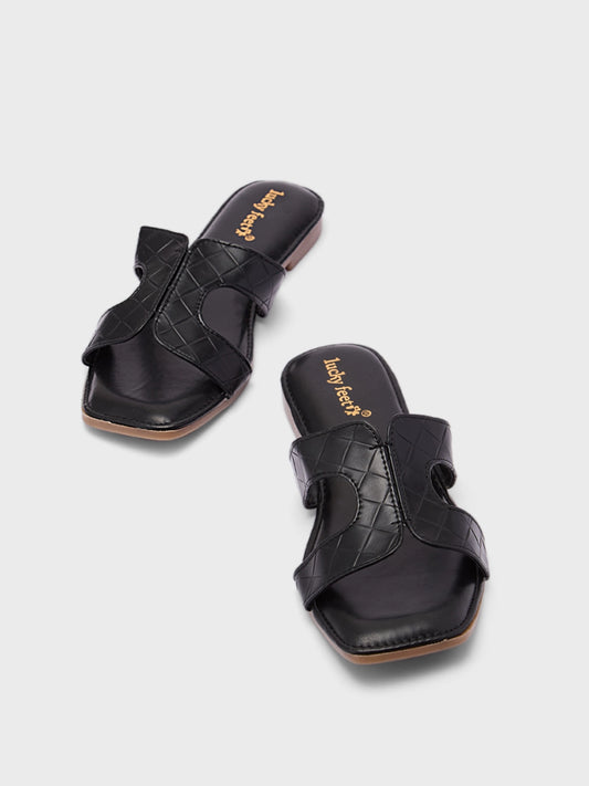 Lucky Feet Black Cut-out Flats Slipper, Square Toe Slip-on Shoes, Women Casual Slipper