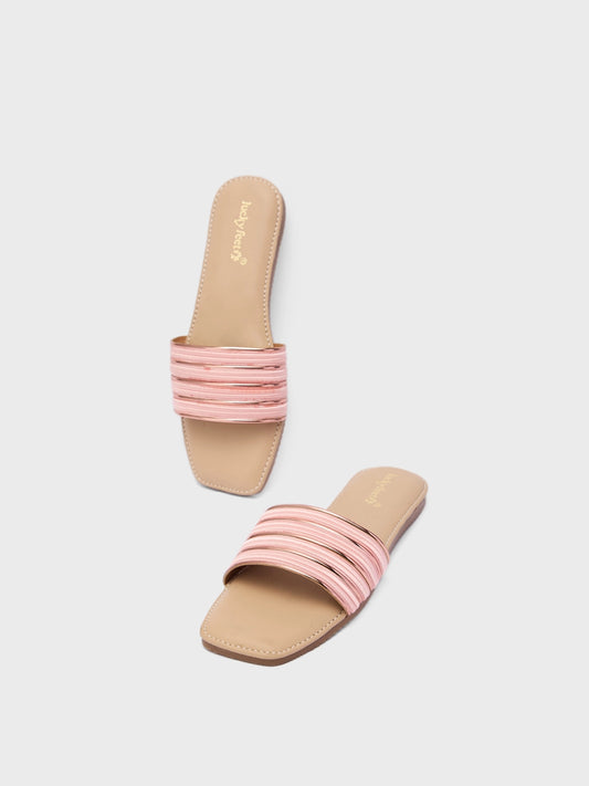 Lucky Feet Metallic Pink Striped Mules, Open Square Toe Flat, Women Casual Mules, Modern Slip-on Shoes, Comfortable Flat Mules