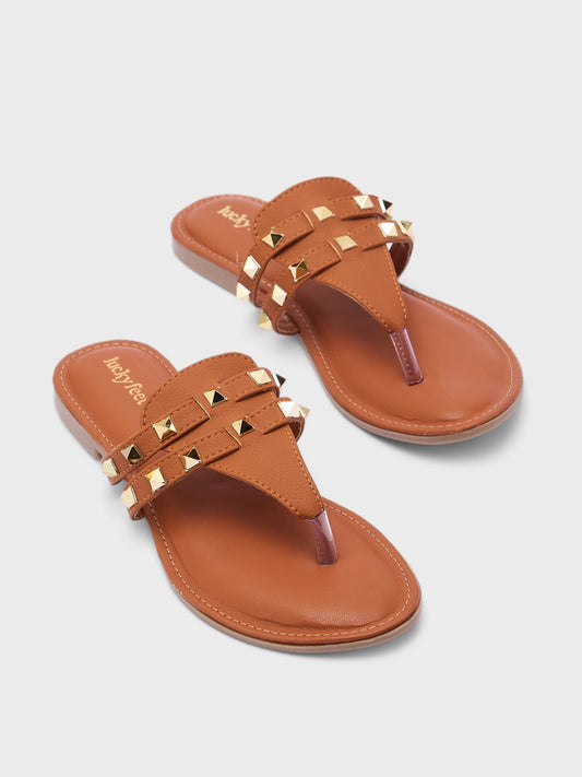 Lucky Feet Studded Toe Ring Slipper, Flat Casual Slipper for Women, Trendy & Lightweight Comfortable Flat Slipper - Tan-Brown