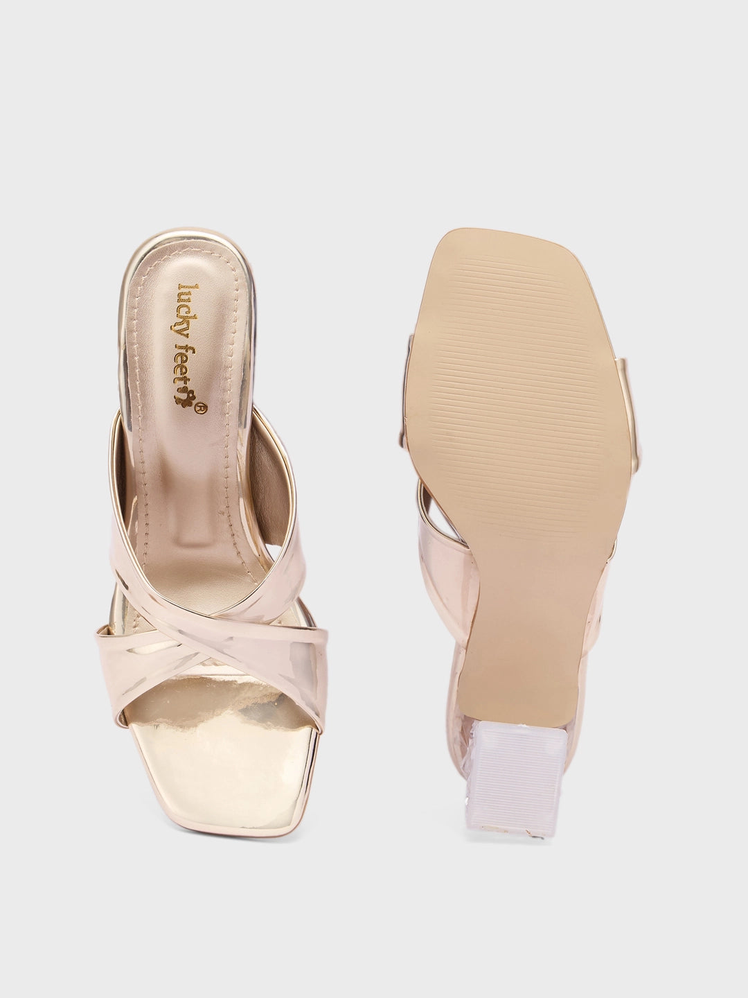 Lucky Feet Gold Metallic Block Heels, Shiny Cross Strap Shoes, Women Party Heels, Elegant Block Heel Sandals, Metallic Evening Shoes, Comfortable Block Heels