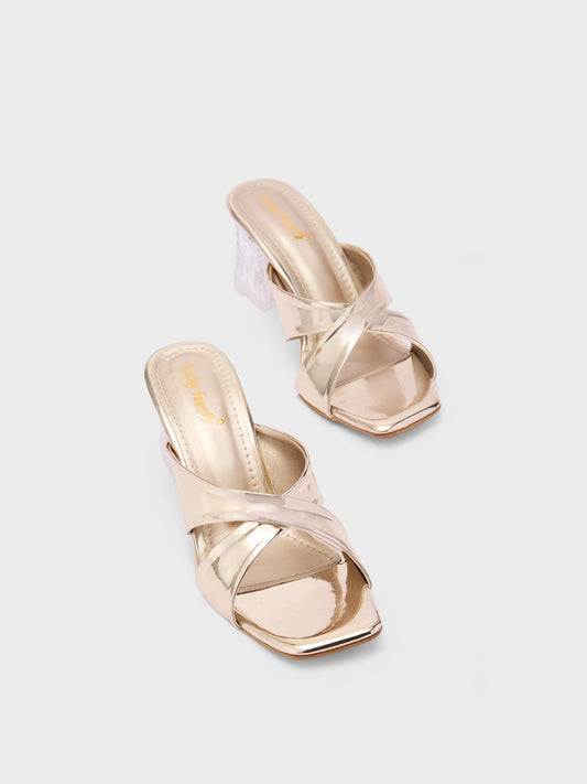 Lucky Feet Gold Metallic Block Heels, Shiny Cross Strap Shoes, Women Party Heels, Elegant Block Heel Sandals, Metallic Evening Shoes, Comfortable Block Heels